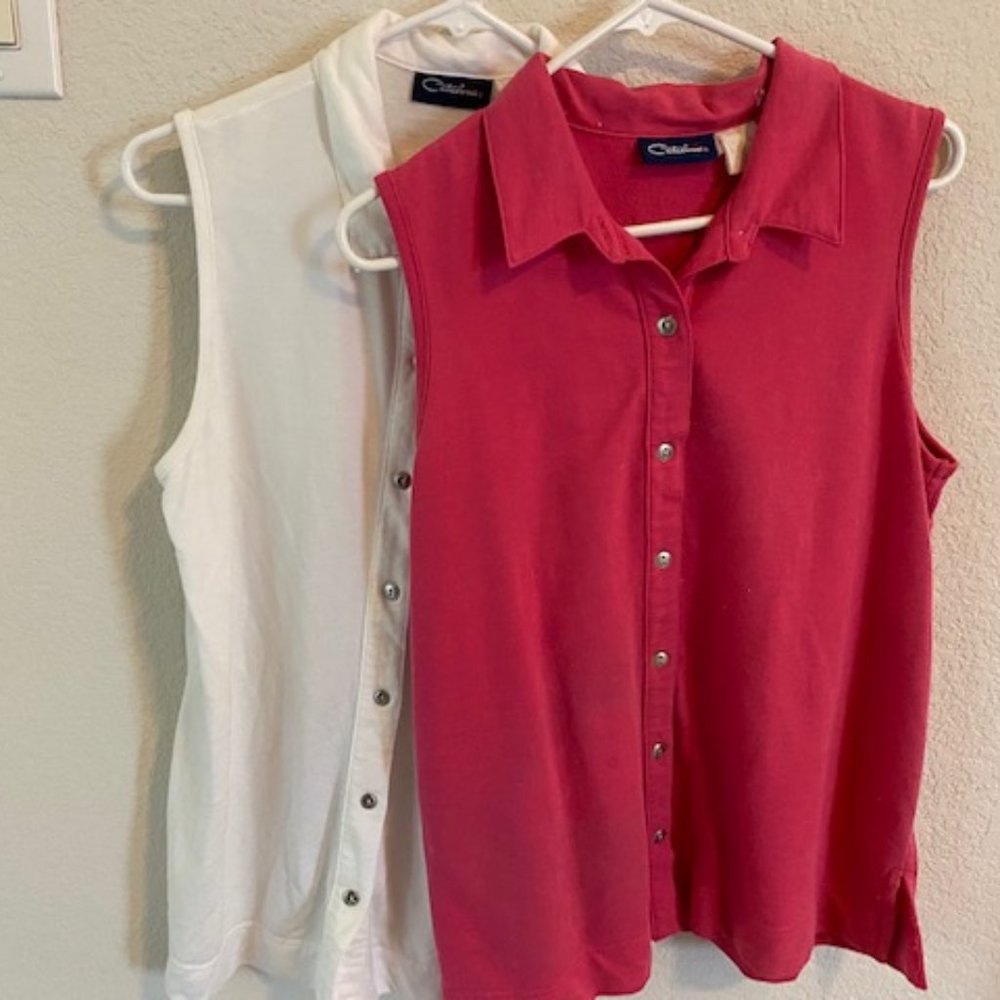 Bundle 2 * Vintage CATALINA * slvls TUNIC TOPS * full button * PINK + WHITE * S